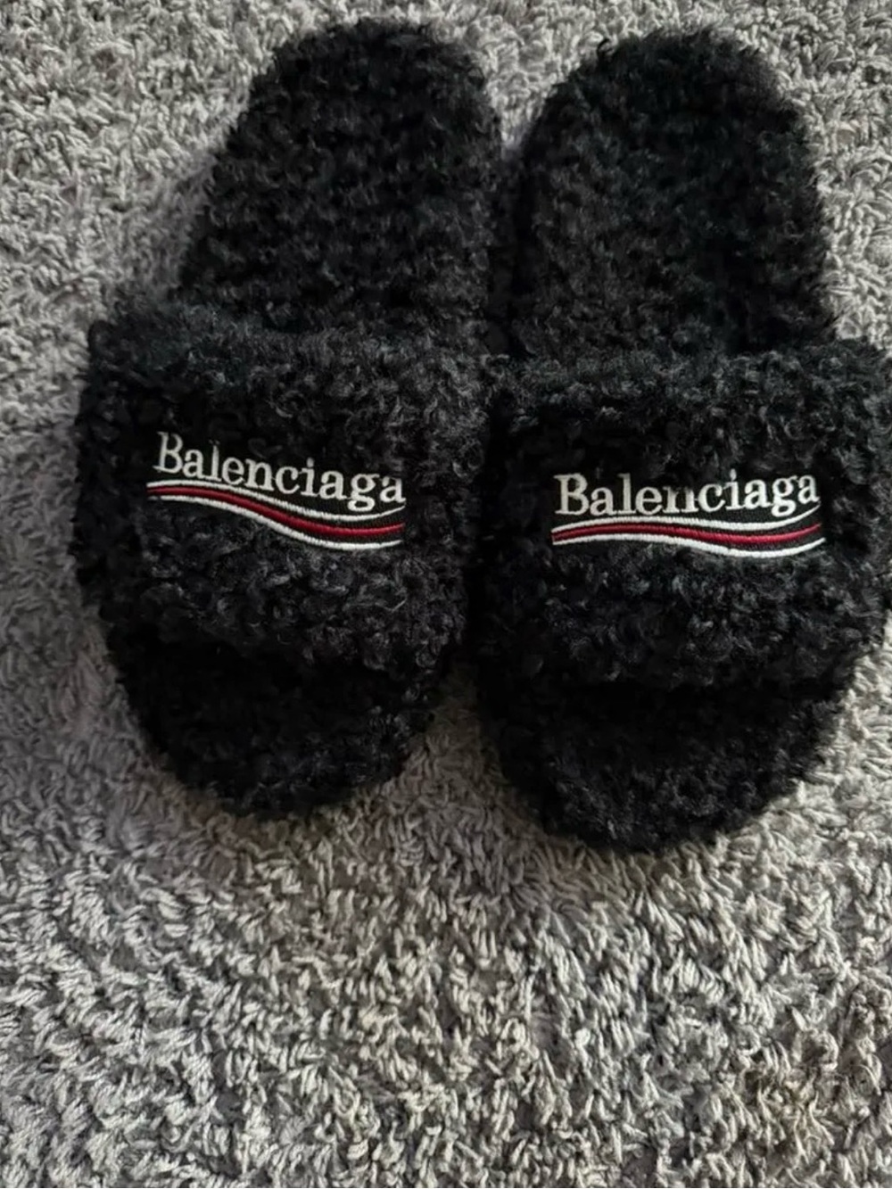 Balenciaga Black Fuzzy Logo Slide Sandals with Red & White Stripe